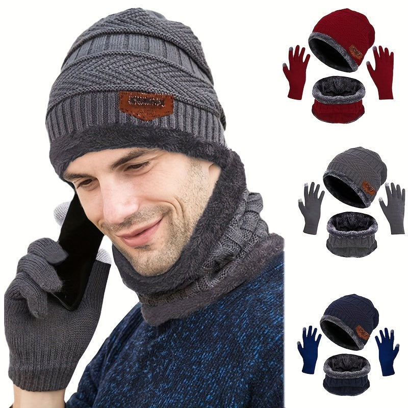 Knitted Gloves & Hat & Scarf Set - Warm Beanie Hat Neck Scarf Touch Gloves