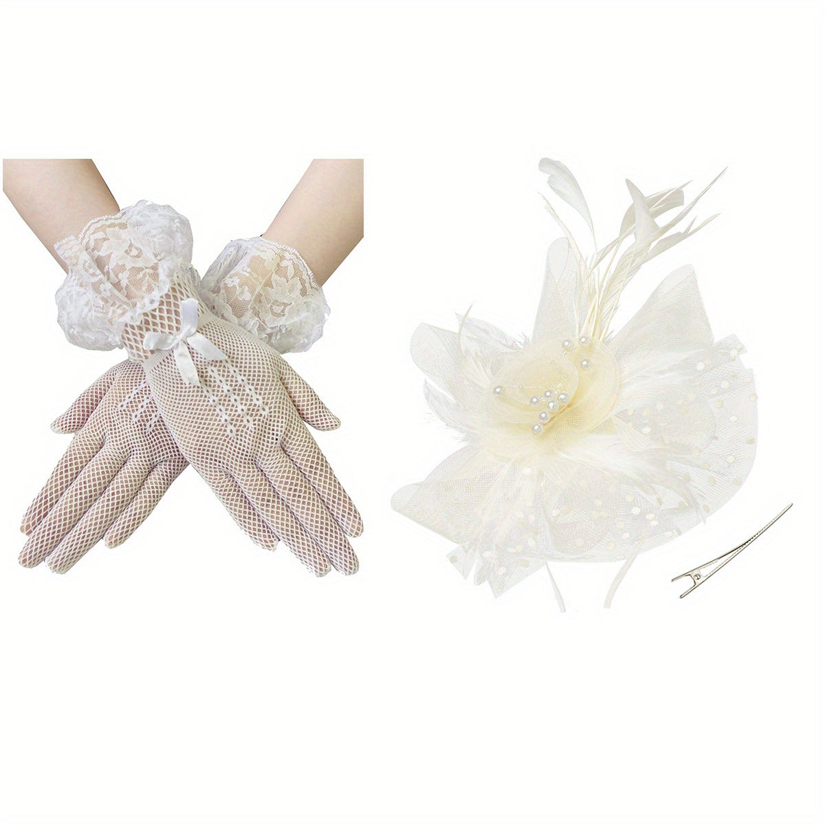 3pcs Mesh Flower Feather Head Piece Set & Gloves