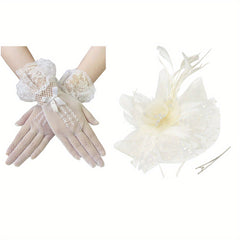 3pcs Mesh Flower Feather Head Piece Set & Gloves