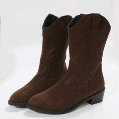 Women's V Cut Mid Calf Boots Slip On Block Heel Cowgirl Boots