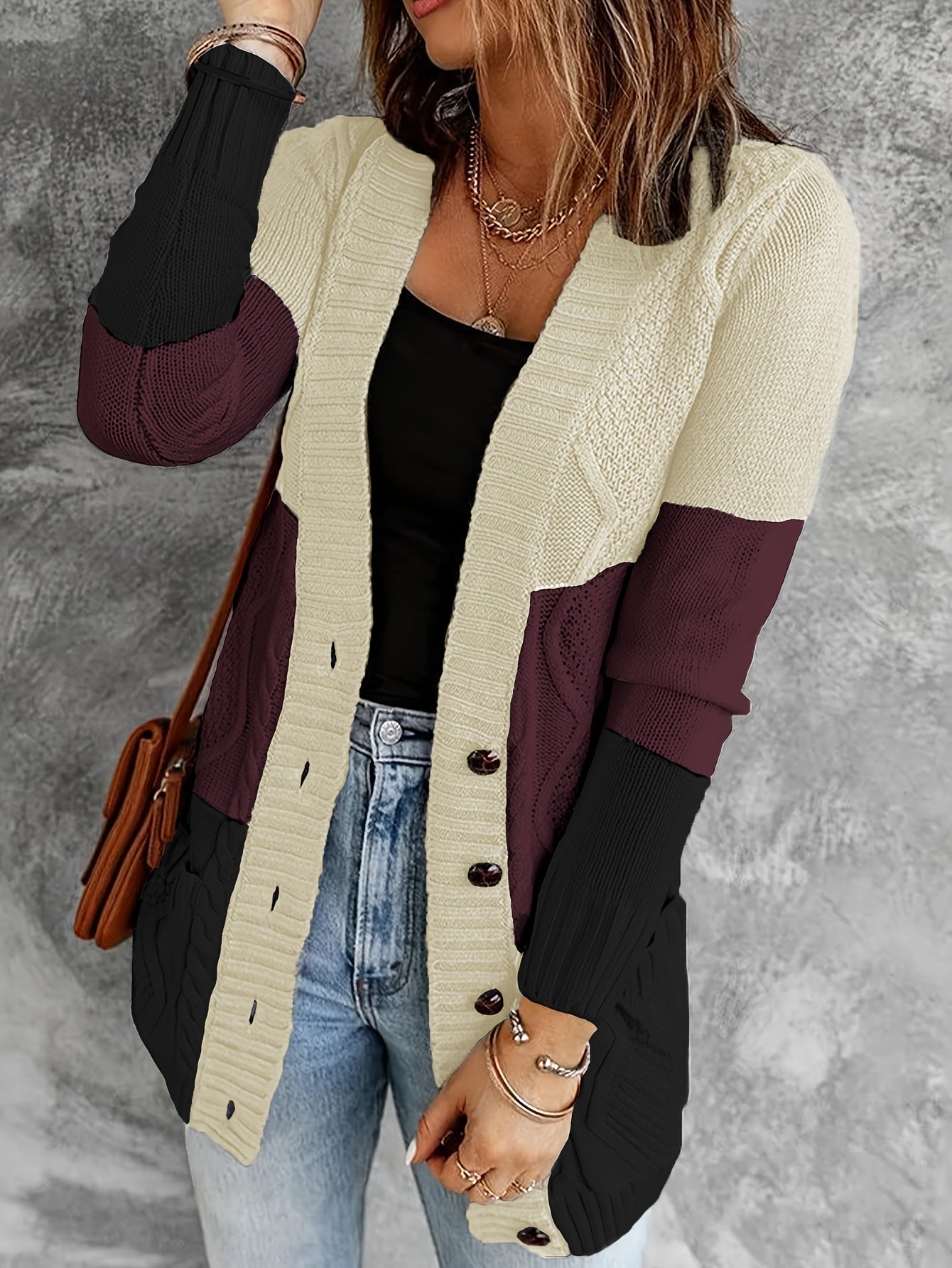 Colorblock Twist Textured Pocket Knitted Cardigan Outwear