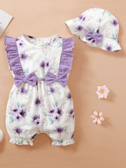 2pcs Baby Girls Floral Print Romper & Hat Set