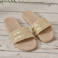 Women's Golden Slide Sandals Flat Slip On Beach Shoes