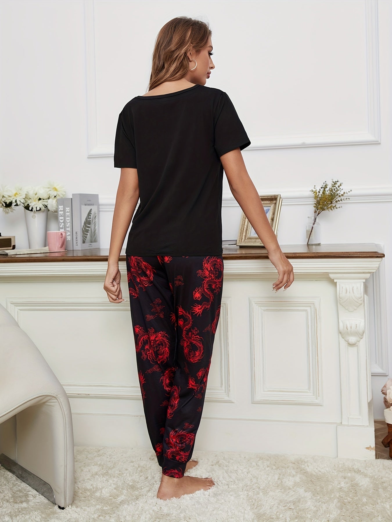 Dragon Print Pajama Set Short Sleeve Crew Neck Top & Elastic Waistband Pants