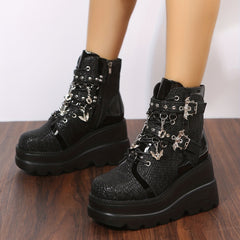Geometric Pattern Wedge Heel Boots Side Zip Comfort Platform Short Boot