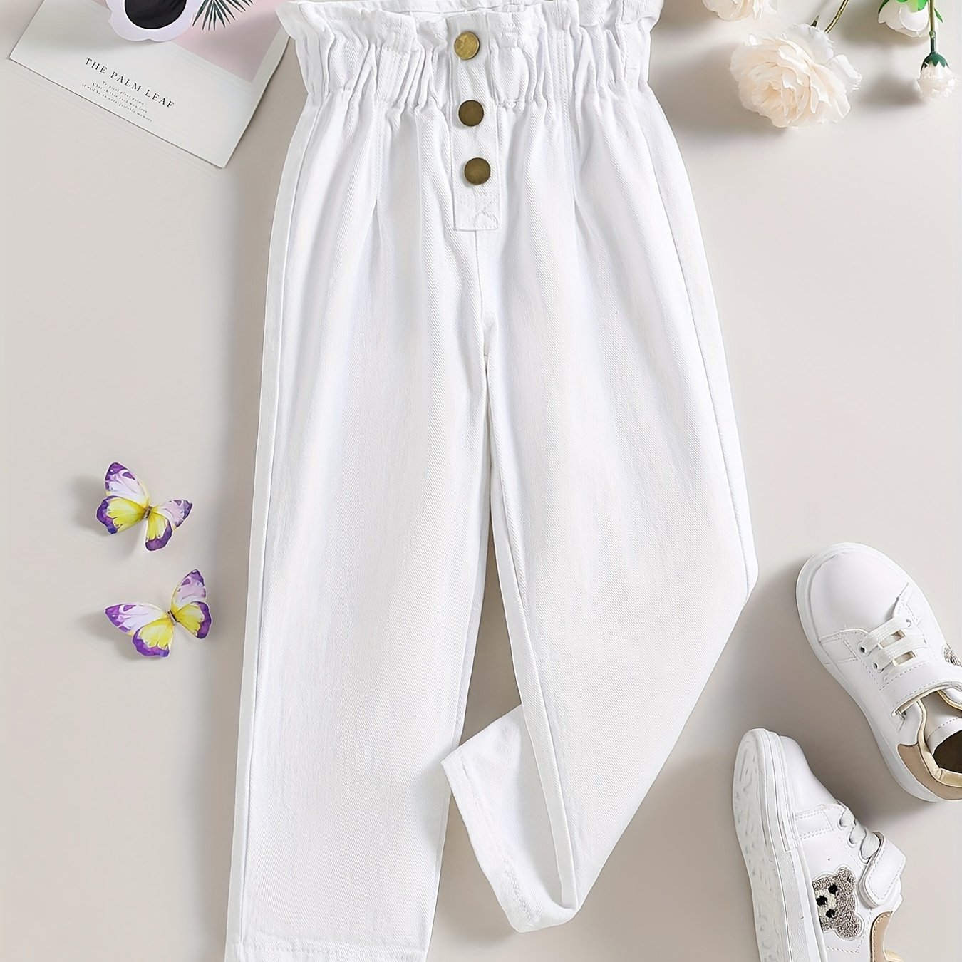 Girls Ruffle Paperbag Waist Straight Leg Pants High Waist Button Trousers