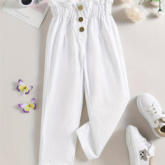 Girls Ruffle Paperbag Waist Straight Leg Pants High Waist Button Trousers