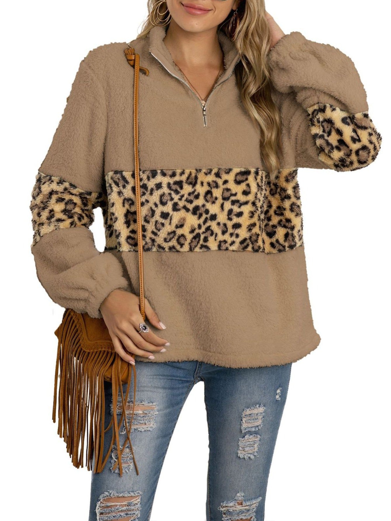 Women's V Neck Fur Coat Loose Fit Zipper Closure