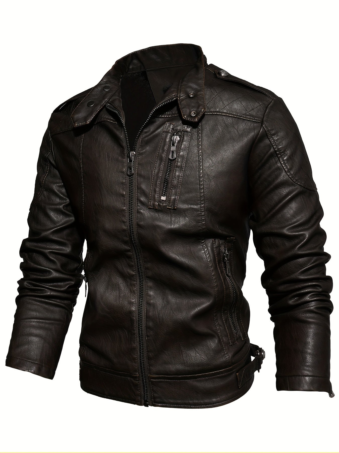 PU Biker Jacket Men's Casual Zipper Pockets Stand Collar Faux Leather Jacket