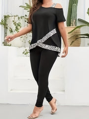 Leopard Print Splice Top & Solid Leggings Set
