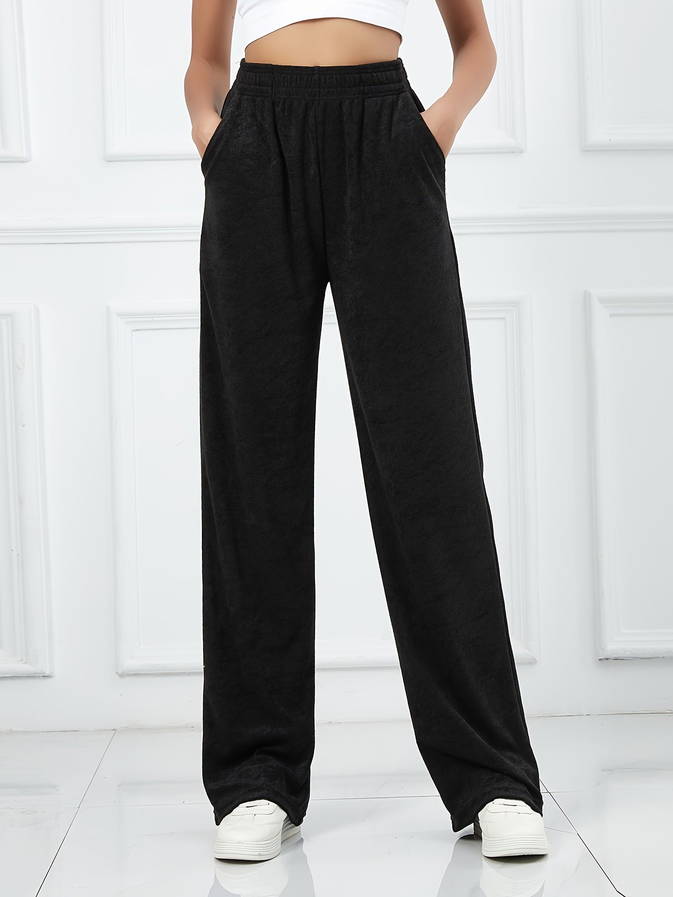 Women's Casual Sports Pants Elastic Waist Solid Straight Leg