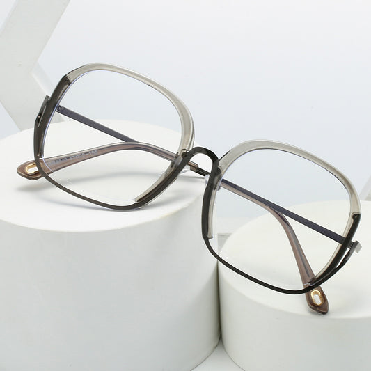 Square Block Semi Rimless Frame Clear Lens Metal Temple Light Blocking Glasses