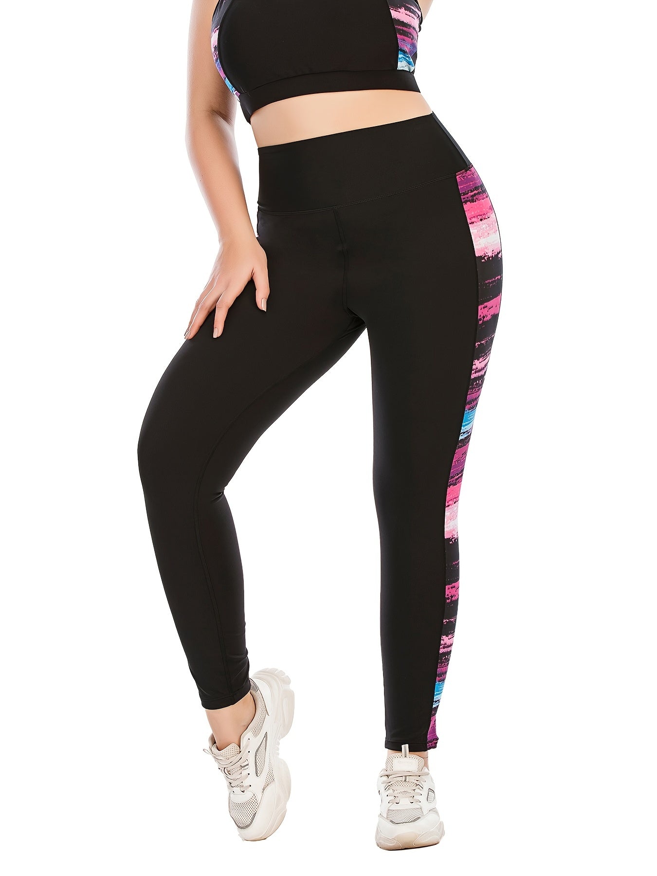 Colorblock Print Yoga Leggings With Pocket