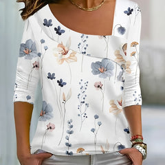 Casual Blouse Women's Plus Floral Print Long Sleeve Irregular Neck