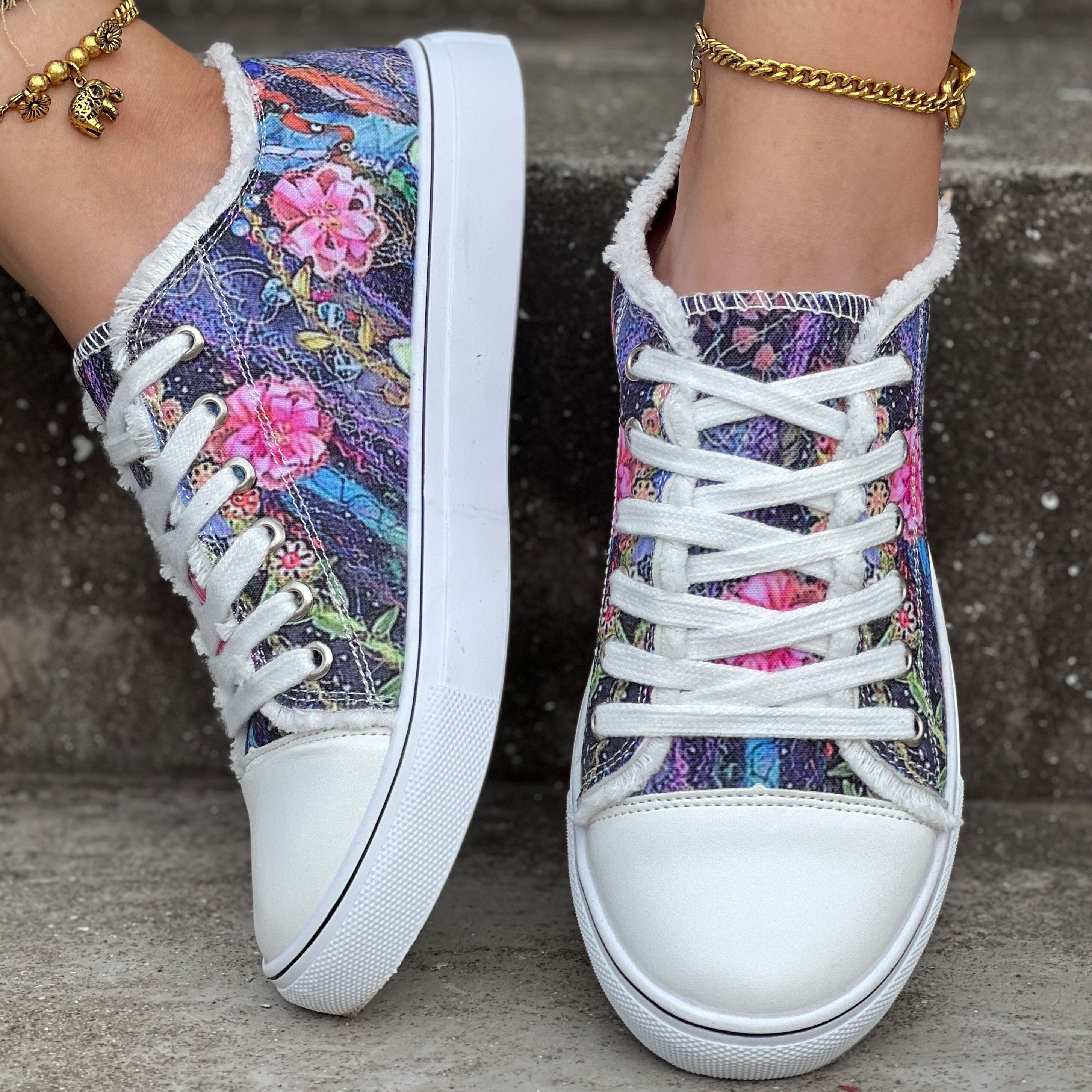 Women's Flower Pattern Canvas Shoes Casual Lace Up Outdoor Shoes