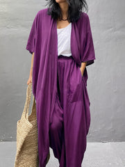 Solid Cover Up Shirt V Neck Loose Fit Non Stretch Beachwear Kimono