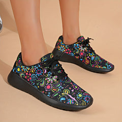 Women's Ethnic Flower Print Mesh Sneakers Soft Sole