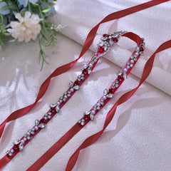Red Ribbon Bridal Belt with Rhinestones for Weddings & Parties