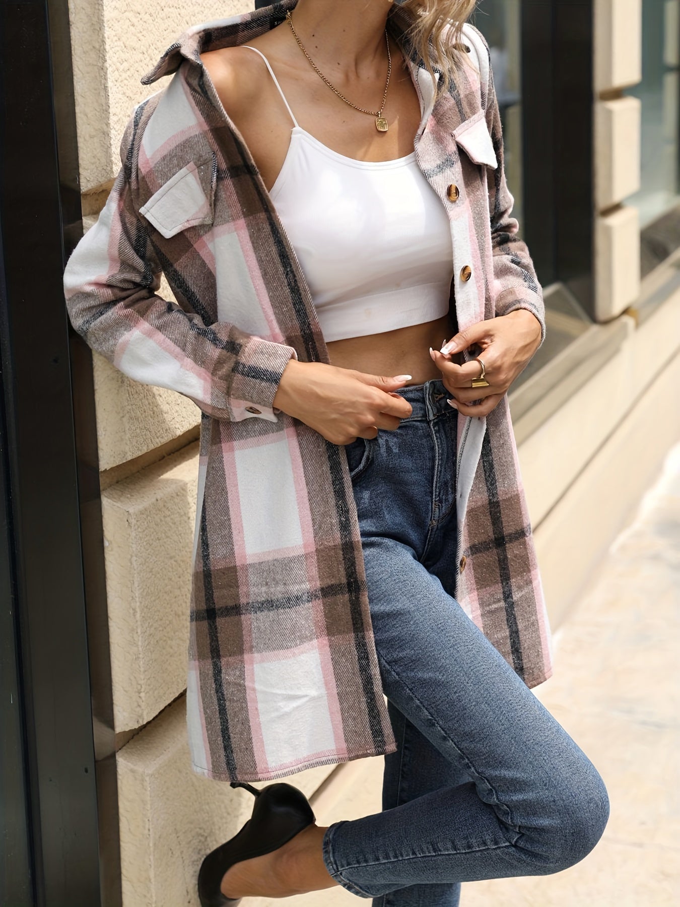 Plaid Belted Jacket Long Sleeve Fall Winter Women's Clothing