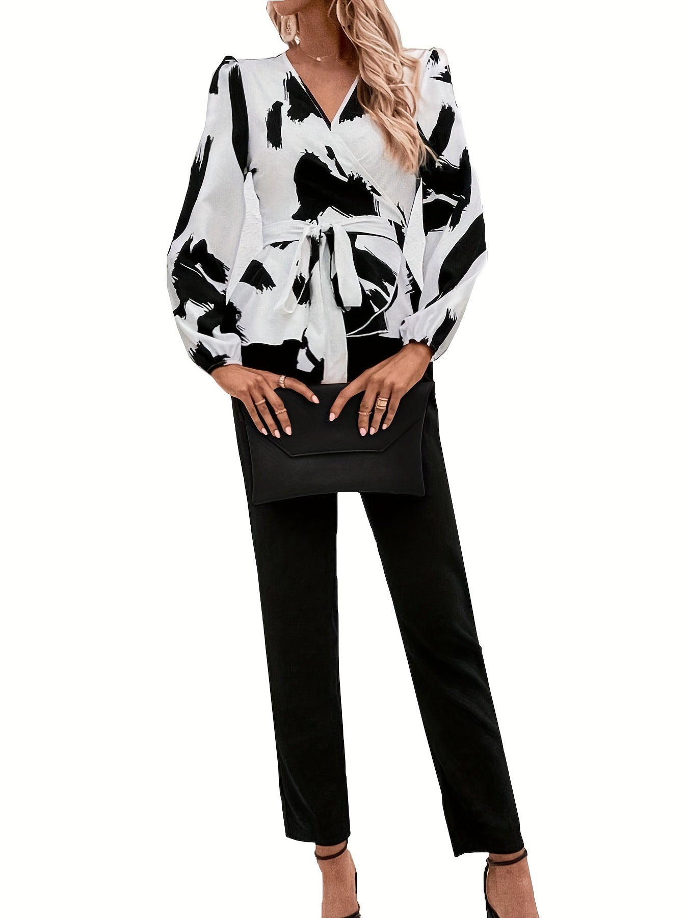 Surplice Neck Long Sleeve Blouse & Slim Pants Set