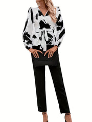 Surplice Neck Long Sleeve Blouse & Slim Pants Set