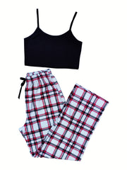 Casual Spaghetti Strap Top & Plaid Print Pants Outfit