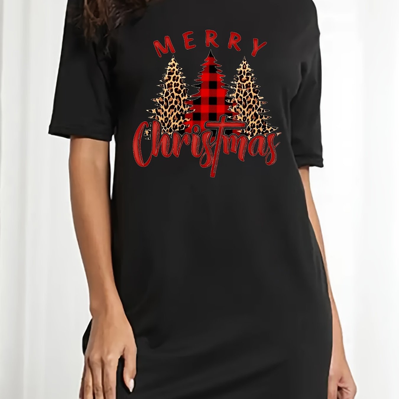 Plus Size Christmas Tee Dress Women's Slogan & Tree Print Short Sleeve