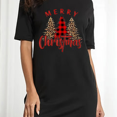 Plus Size Christmas Tee Dress Women's Slogan & Tree Print Short Sleeve