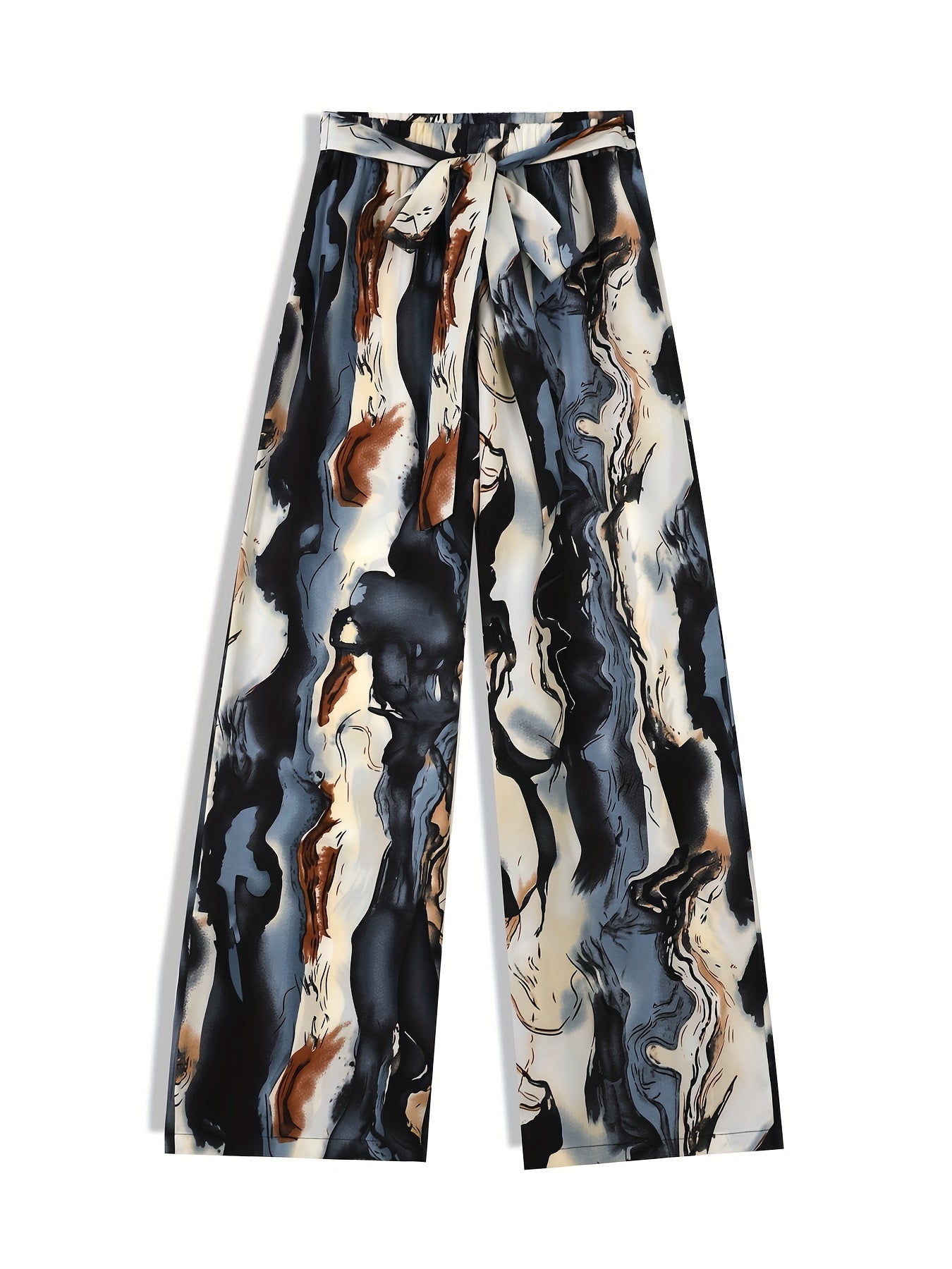 Marble Print Wide Leg Pants with Belt for Women