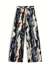 Marble Print Wide Leg Pants with Belt for Women