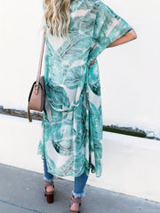 Leaf Print V Neck Cover Up Shirt Half Sleeves Loose Fit Kimono