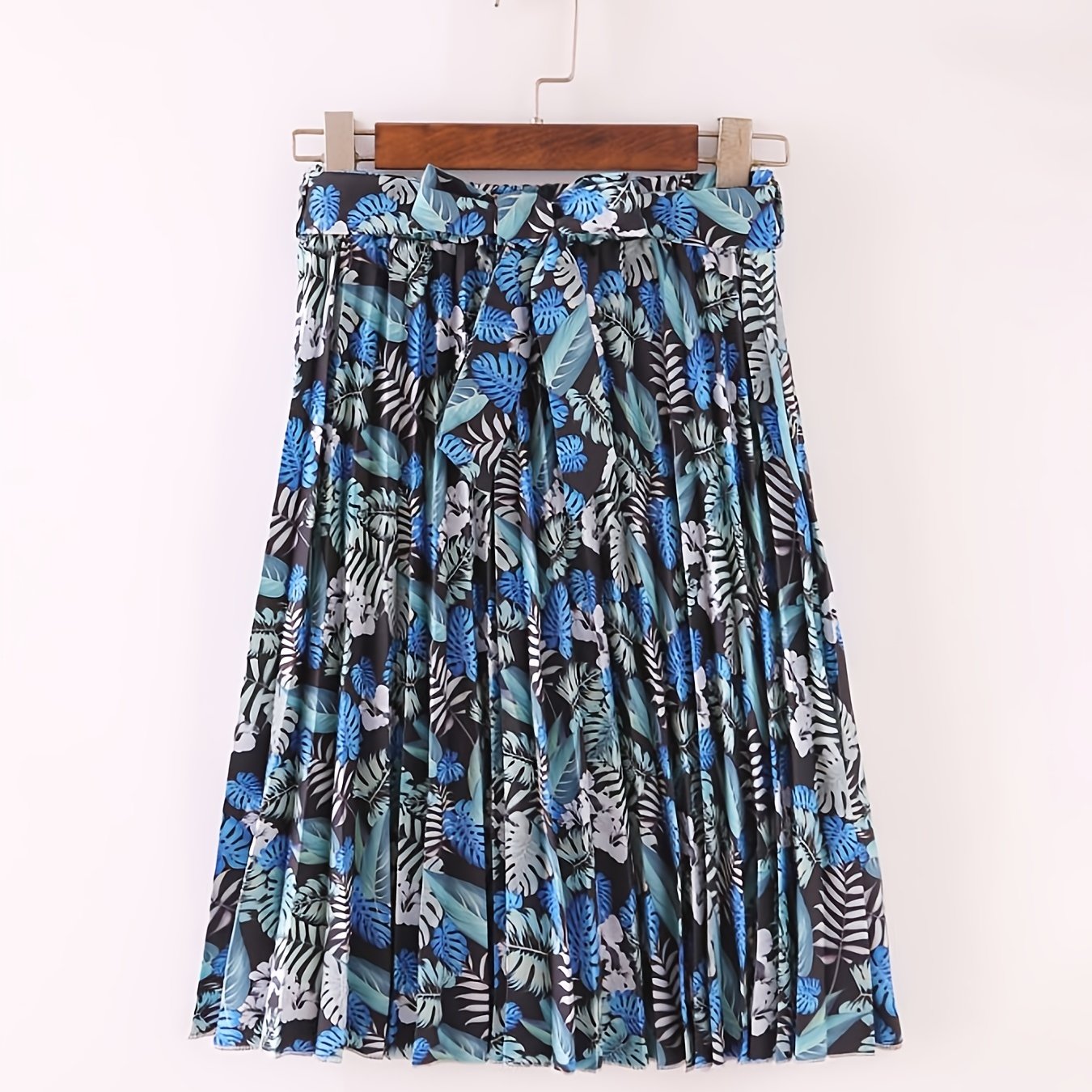 Boho Leaves Print Pleated Skirt with Tie Waist