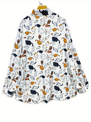 Cat Print Long Sleeve Button Up Top