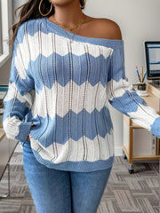 Plus Size Colorblock Hollow Out One Shoulder Knit Top