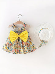 2pcs Baby Girls Floral Print Sleeveless Dress & Hat Set