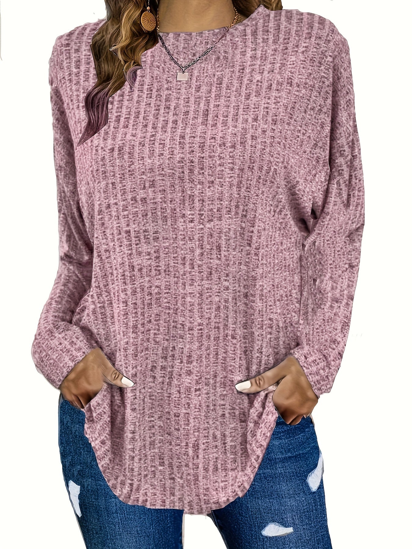 Solid Ribbed Long Sleeve Knit Top