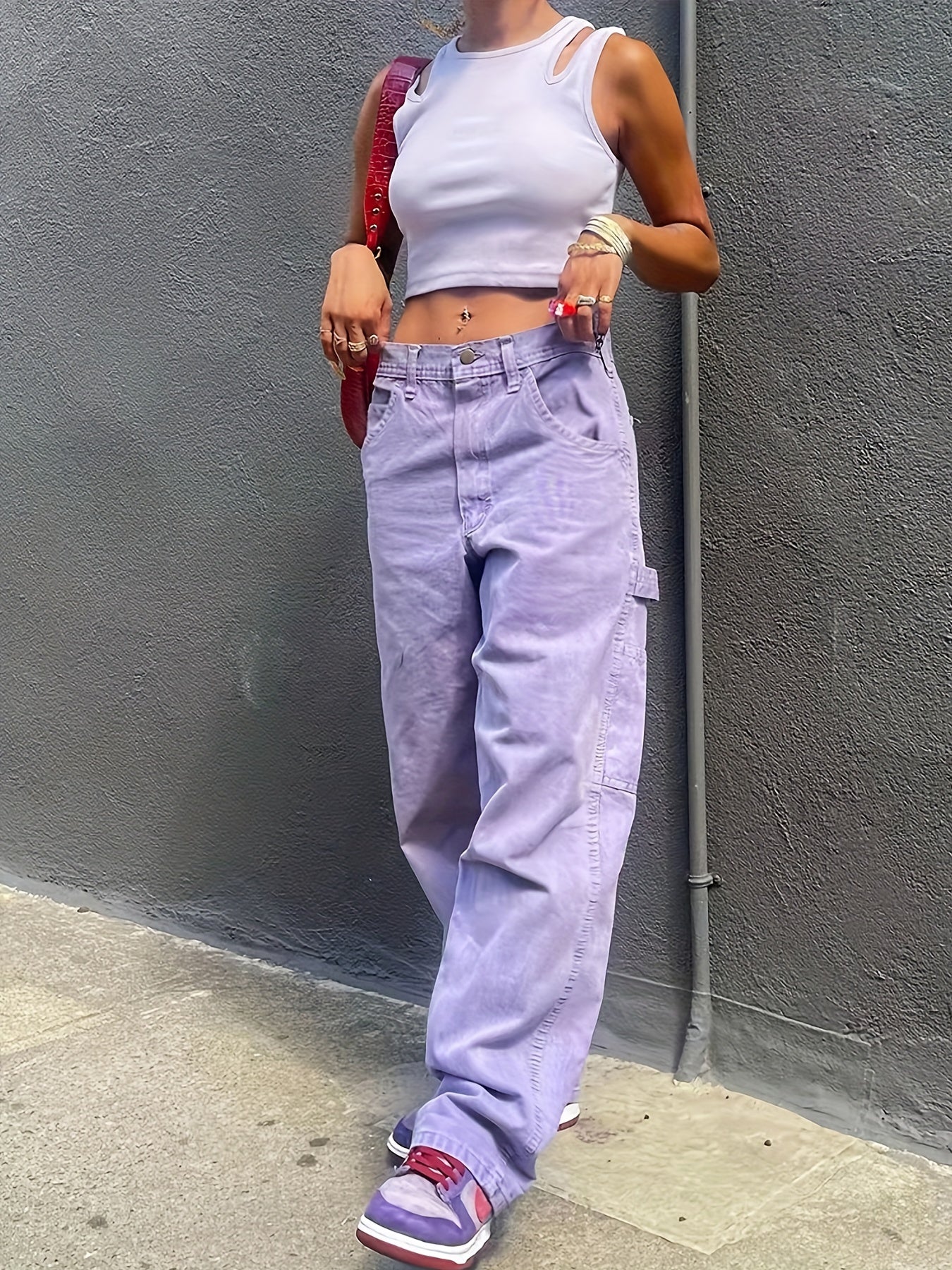 Purple Extra Long Denim Pants Boyfriend Wide Leg Jeans