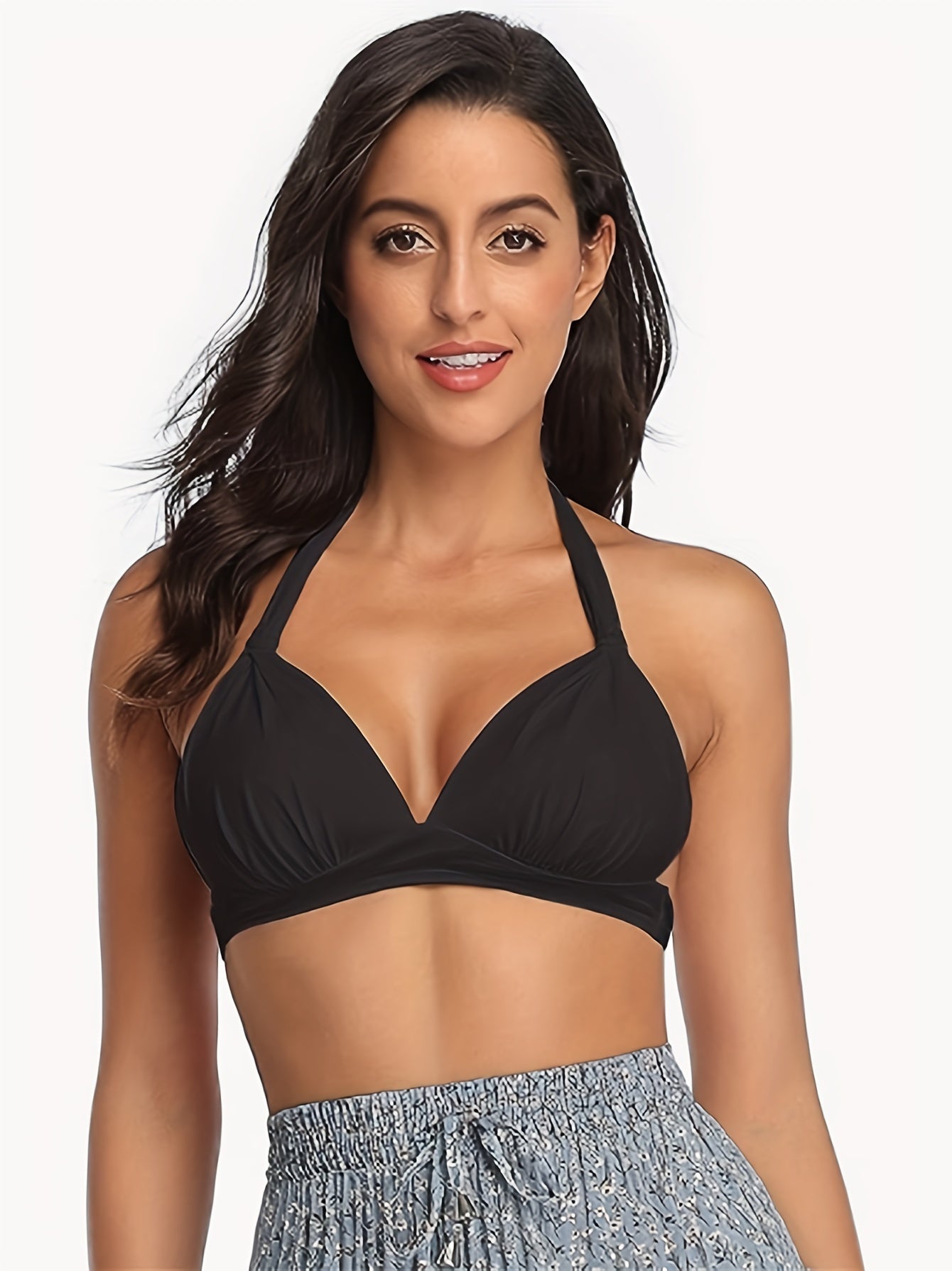 Solid Ruched Halter Neck Bikini Top
