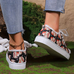 Christmas Santa Print Raw Trim Fall Round Toe Flat Skate Shoes