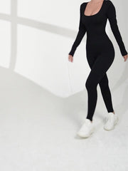 Women Yoga Bodysuit Round Neck Long Sleeve Sport Jumpsuit