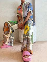 Retro Outfits Set Women's Plus Scarf Print Shirt & Pants Two Piece Set