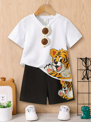 Boys Dinosaur Block Outfit Shorts & Round Neck T shirt Casual Kids Summer