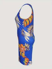 Tropical Print Notched Neck Midi Dress