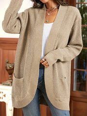 Solid Long Sleeve Open Front Cardigan With Pockets