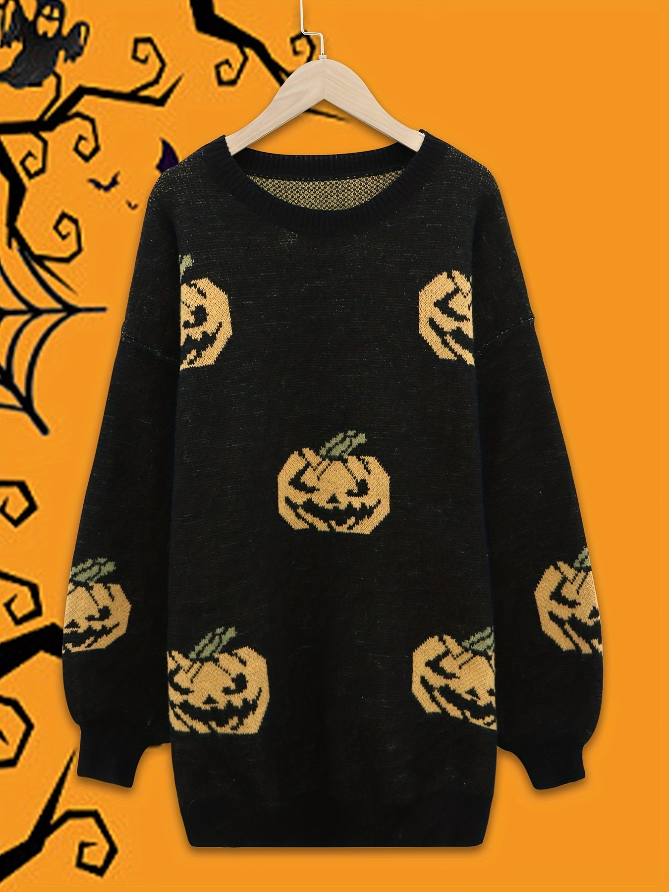 Pumpkin Print Gothic Sweater Long Sleeve Round Neck Pullover