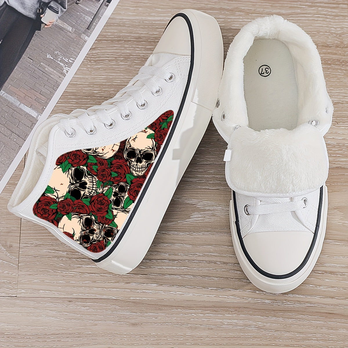 Skull & Rose Print Plush Lined Thermal Chunky Canvas Sneakers