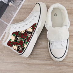 Skull & Rose Print Plush Lined Thermal Chunky Canvas Sneakers