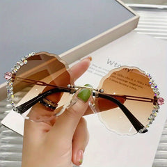 Rhinestone Decor Rimless Sunglasses Gradient Lens Flower Shaped Round Glasses