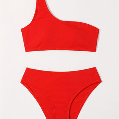 Girl's Solid Bikini Set One Shoulder Tank Top & Briefs