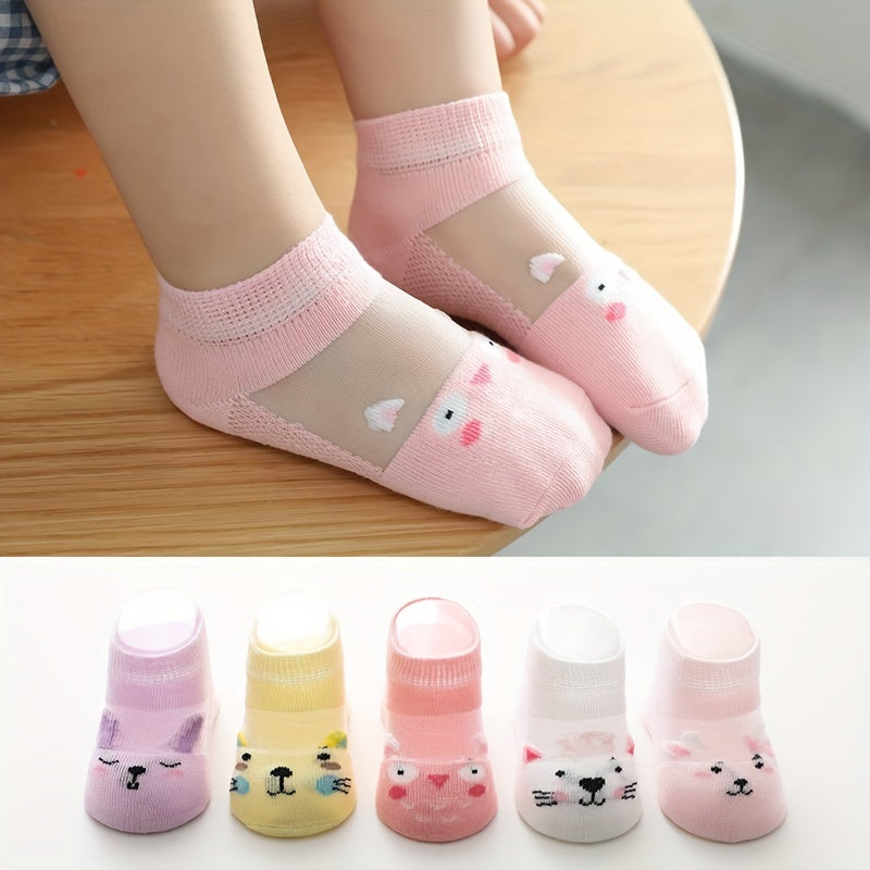 5 Pairs Kids Summer Thin Breathable Mesh Cotton Socks, Cartoon Short Socks